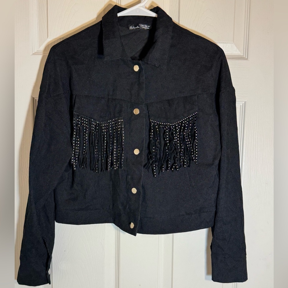 ✨ Black Fringe Studded Western Jacket‎ - Salanta Brand ✨